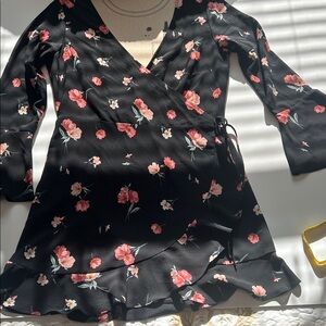 Elegant Black Floral Wrap Mini Dress